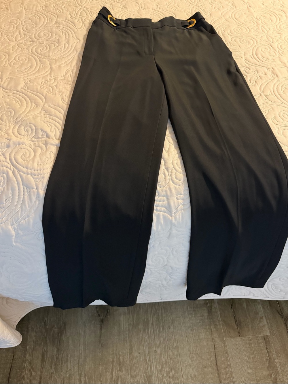 Donna Karan Black Wide-Leg Dress Pants with Gold Ring Detail